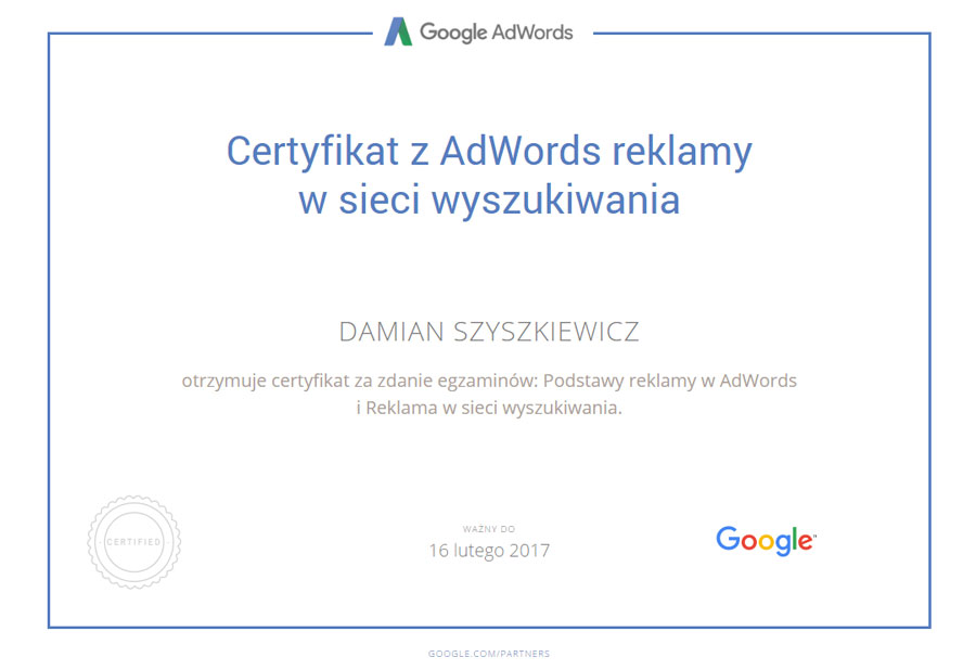 certyfikat Adwords reklama w sieci wyszukiwania Google