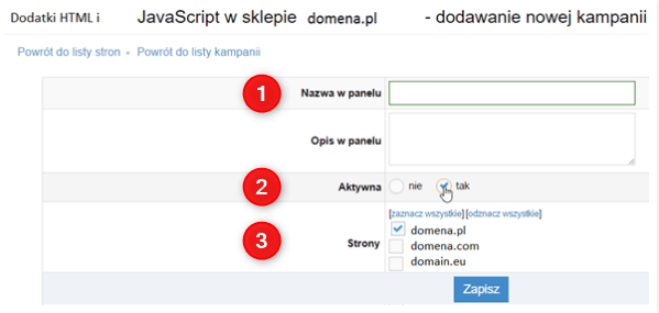 Dodawanie nowej kampanii Widok pól do uzupełnienia w opcji dodawania nowej kampanii w IdoSell.