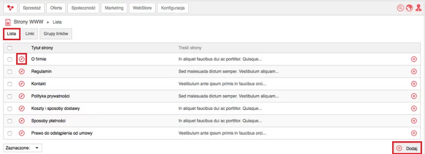Lista stron informacyjncyh w SOTE Widok listy stron informacyjnych w oprogramowaniu SOTE.